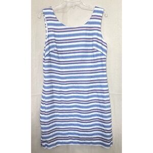 HIHO Women Nautical 100% Linen Shift Dress Blue White Striped Sz M Vacation READ